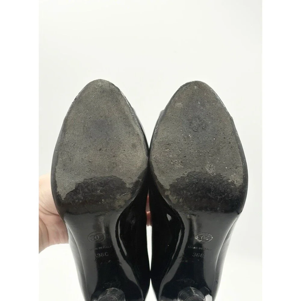 Chanel Black Patent Leather Peep Toe Pumps  Silver CC Logo Heel Size EU 36